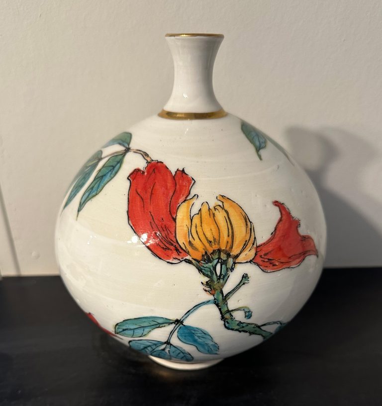 Blossom jar with hand coloured silk screen_